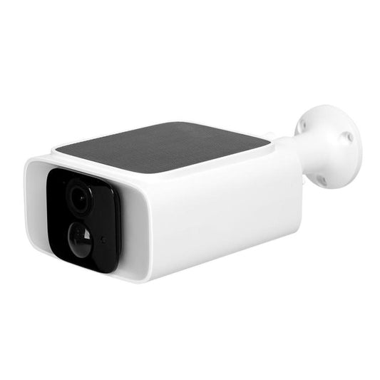 Outdoor solar-powered WiFi security camera with black lens and white housing