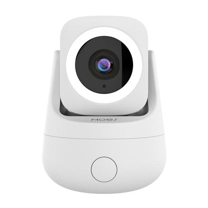 White indoor WiFi security camera with circular lens and Moes logo on base