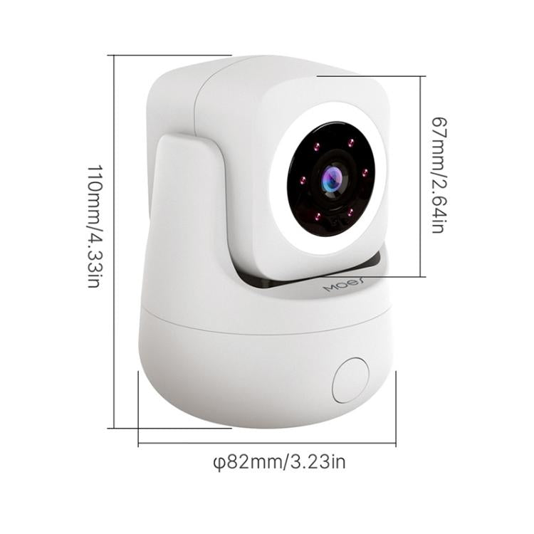 White security camera with circular lens, red IR LED dots, side profile view