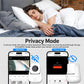 Indoor WiFi security camera on stand, privacy mode icon shown on app screen