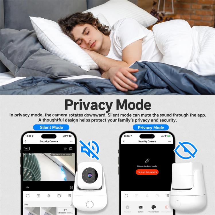 Indoor WiFi security camera on stand, privacy mode icon shown on app screen
