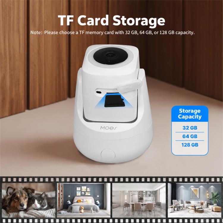 White indoor security camera with visible TF card slot and storage capacity graphic