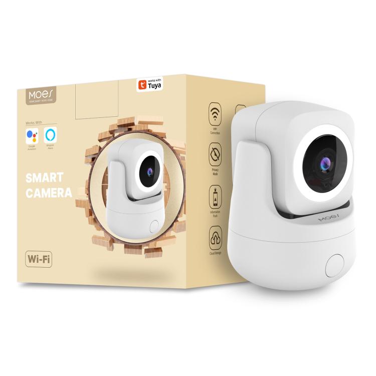 White WiFi security camera with dual-color lens view and product box