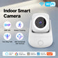 White indoor WiFi security camera with circular lens and red IR LED array