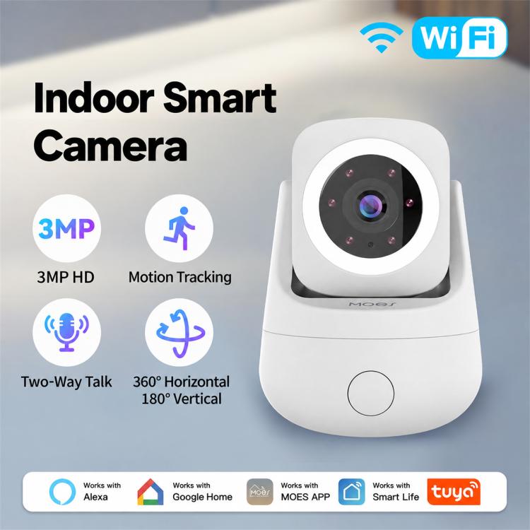 White indoor WiFi security camera with circular lens and red IR LED array