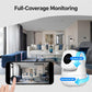 White indoor WiFi security camera with circular lens, front view