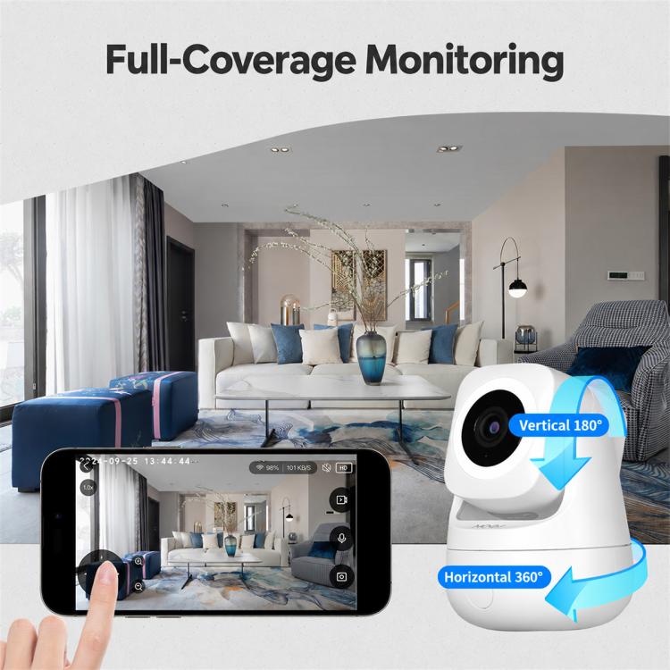 White indoor WiFi security camera with circular lens, front view