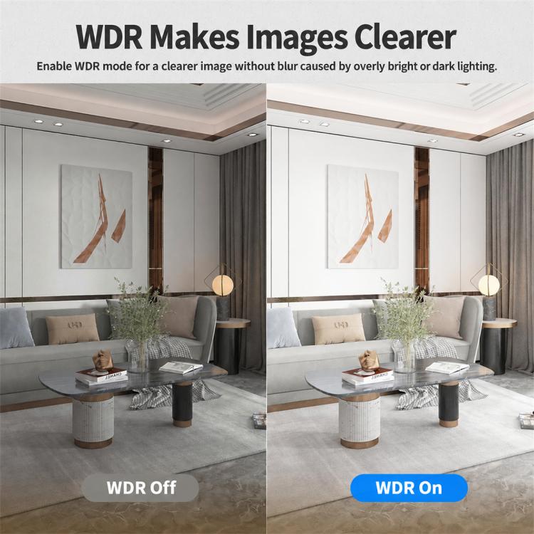 WDR image clarity comparison graphic; security camera not visible