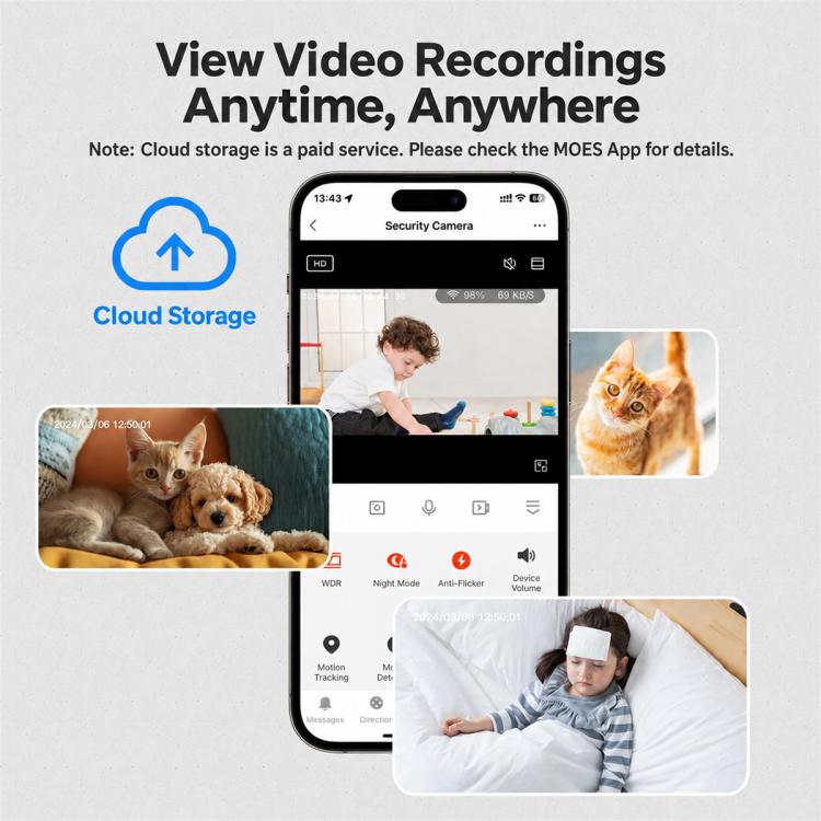 Cloud storage and phone interface graphic for security recordings; camera not shown