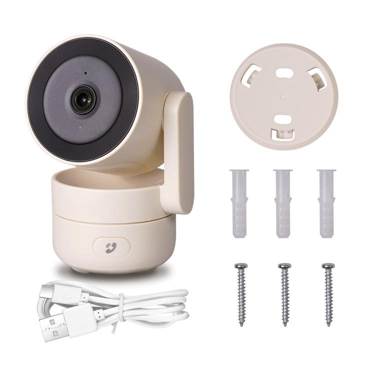 White indoor smart security camera with mount plate, screws, and power USB cables.