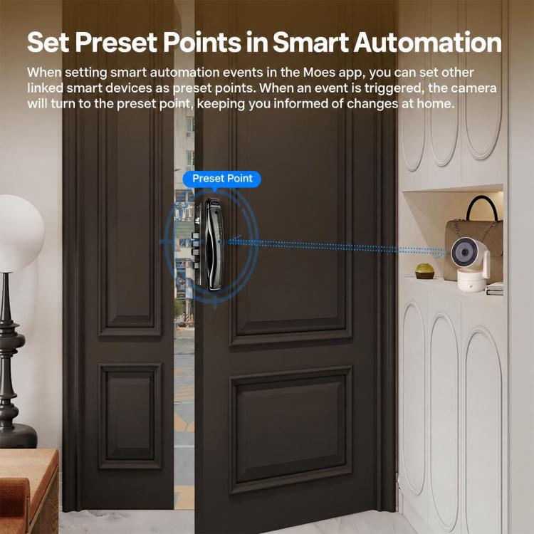 Indoor wall-mounted security camera with visible lens and status LEDs
