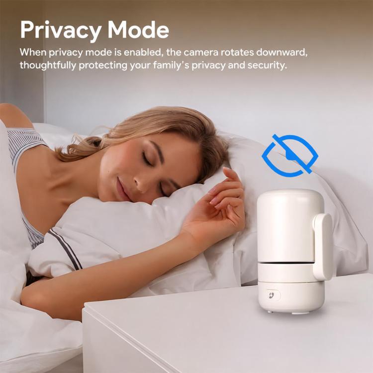 Indoor security camera on bedside table, privacy mode shown
