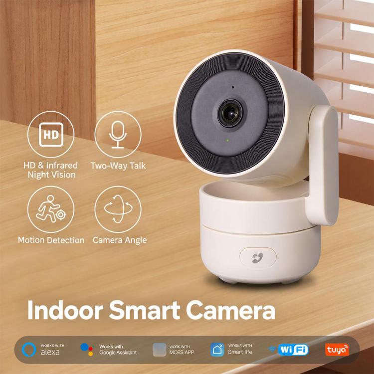 White indoor smart security camera with black lens on a rotating base stand.