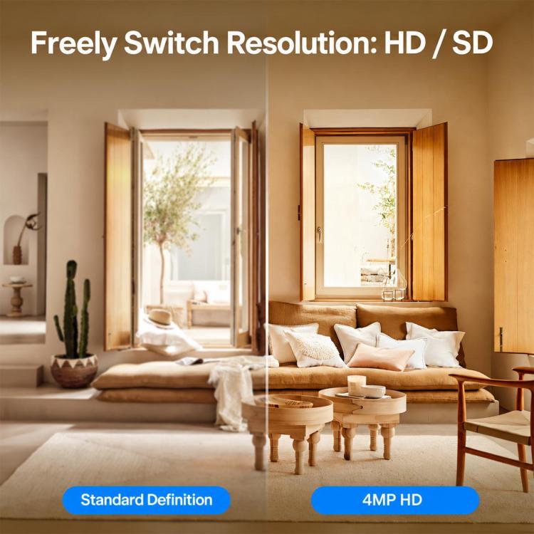 Indoor smart camera HD vs 4MP resolution comparison graphic.