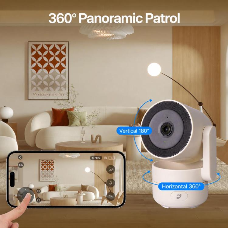 White indoor smart security camera with 360° motion arrows and smartphone preview on screen.
