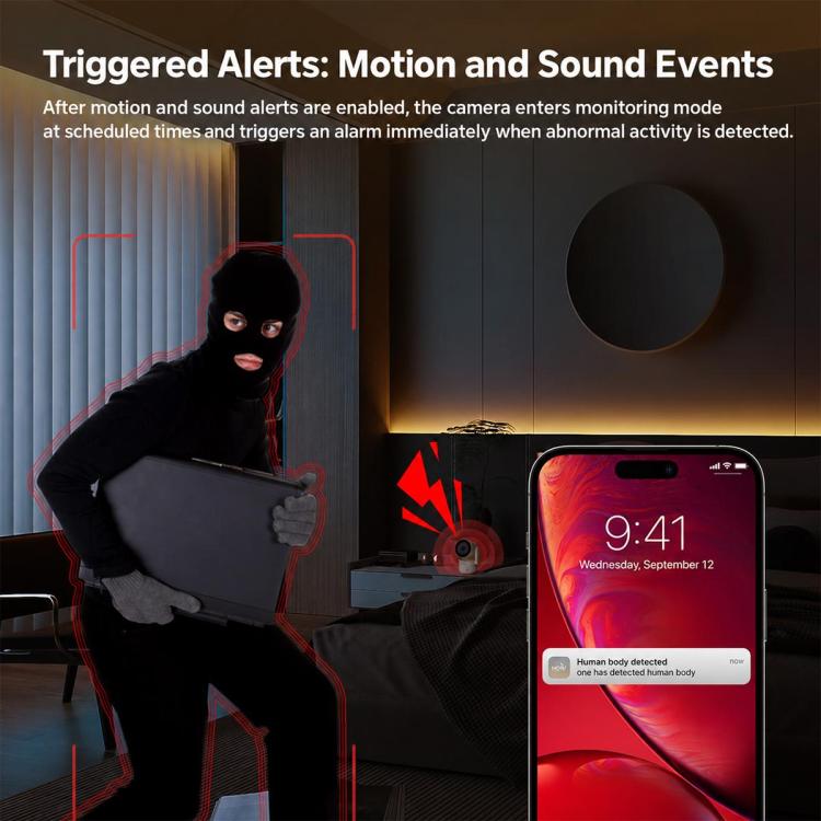 Smartphone showing motion alert notification with sound event warning graphic.