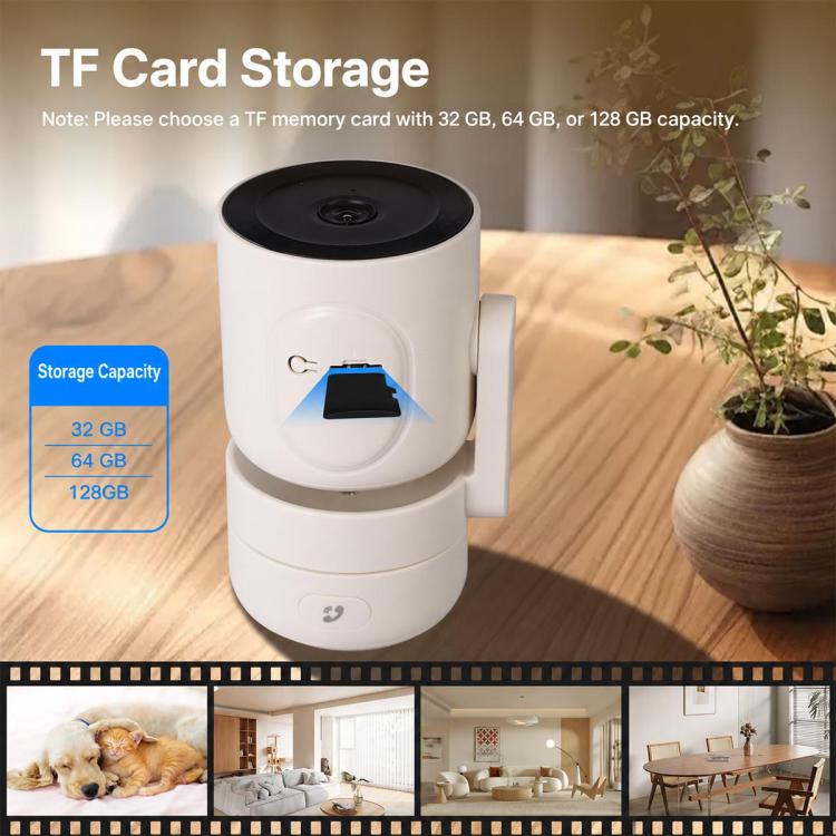 White indoor smart security camera with visible TF card slot and storage capacity chart.