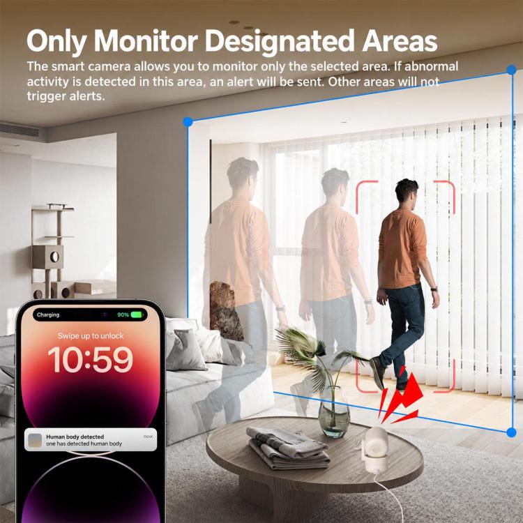 Mobile app screen showing only monitored areas with people silhouettes and alert markers.