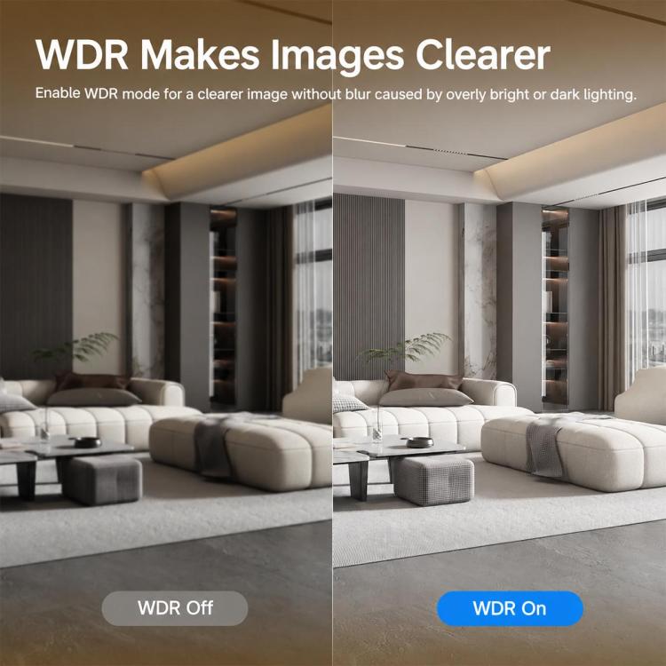 Split view comparison graphic for WDR off and WDR on image clarity mode.