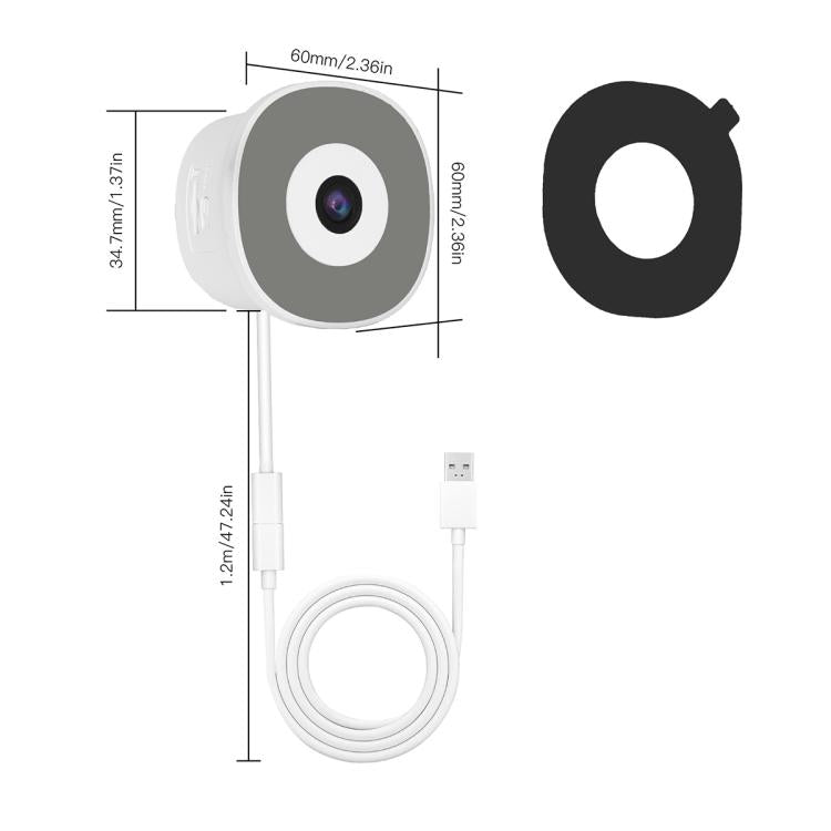 White glass-mounted security camera with cable and round lens housing, shown with size view