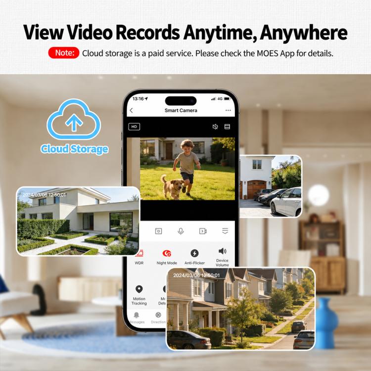 White WiFi security camera with live app view on smartphone screen