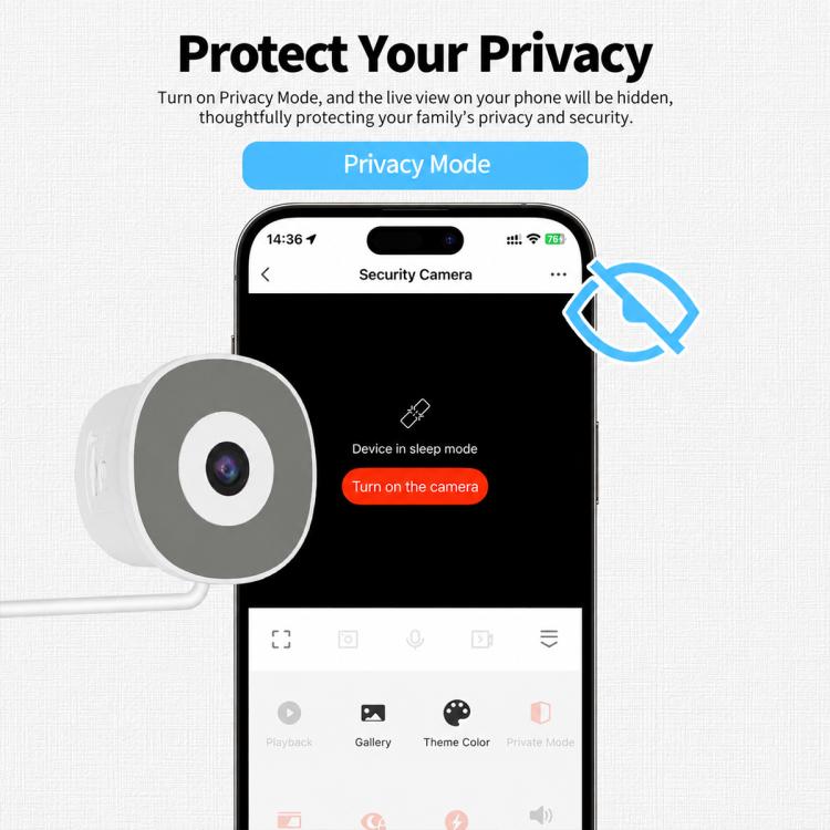 White WiFi security camera with privacy mode shown on smartphone screen