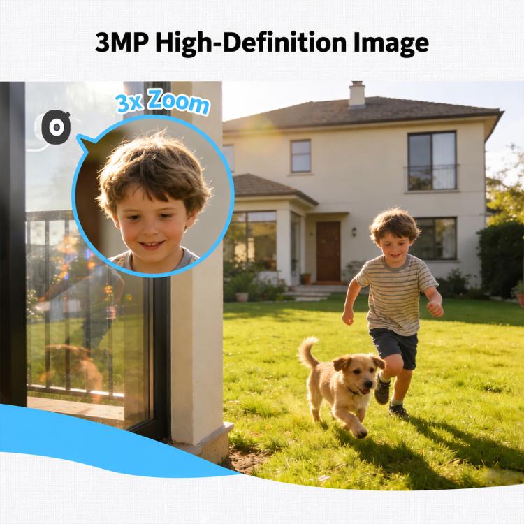 Glass-mounted smart security camera on window glass, compact round lens module