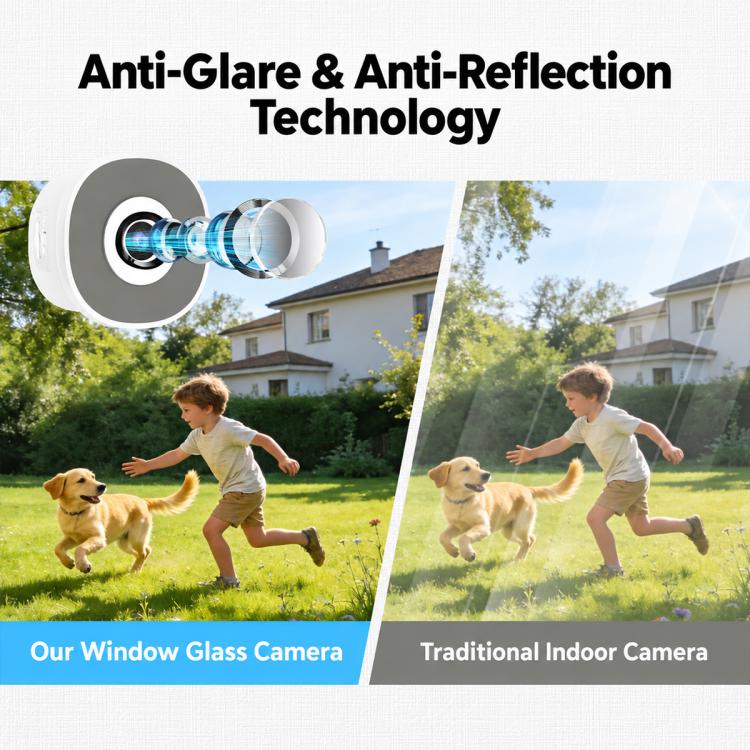Glass-mounted security camera with anti-glare style setup on window glass