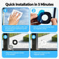 Glass-mounted smart camera installation steps showing magnetic sticker and cable