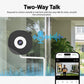 Glass-mounted security camera with microphone icon overlay and white mounting arm