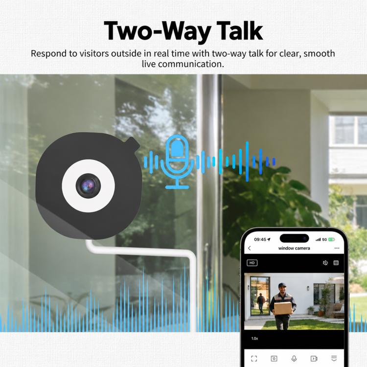 Glass-mounted security camera with microphone icon overlay and white mounting arm
