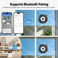 Glass-mounted smart security camera with wireless pairing icons and white cable mount