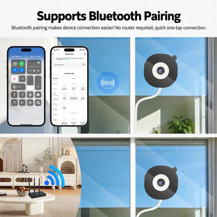 Glass-mounted smart security camera with wireless pairing icons and white cable mount