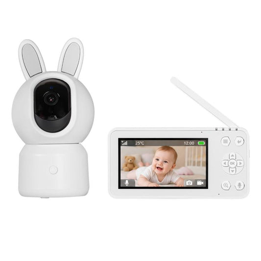 White WiFi baby monitor with rabbit-camera design and 4.5-inch screen display