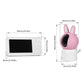 WiFi baby monitor with pink rabbit camera head and white base, shown with measurements