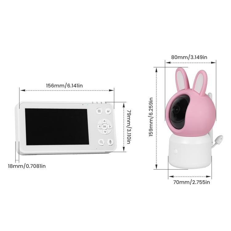 WiFi baby monitor with pink rabbit camera head and white base, shown with measurements
