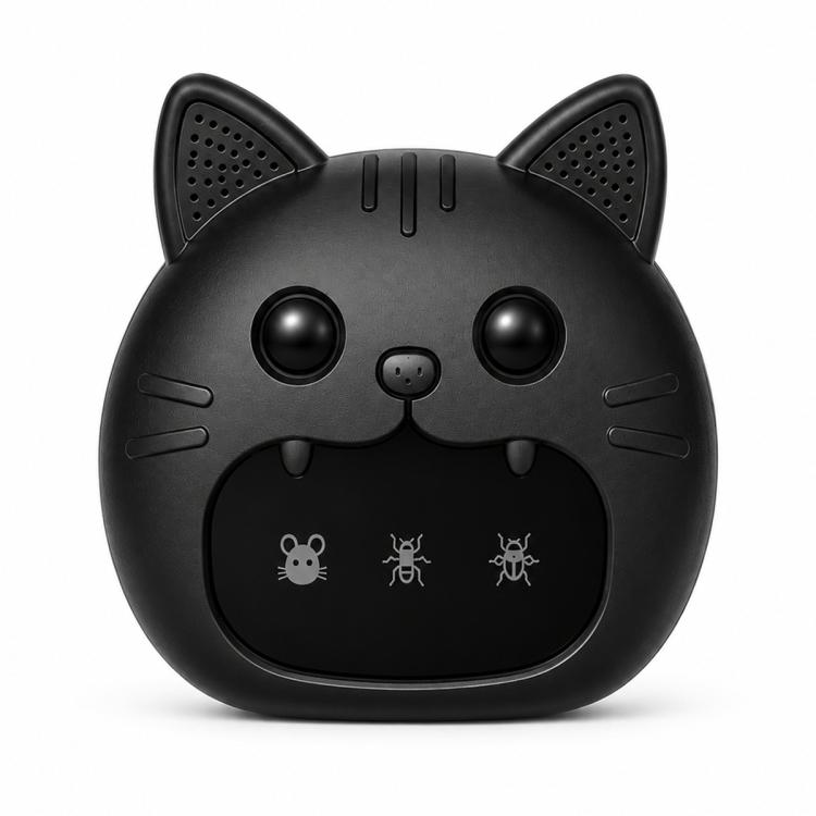 Black cat-shaped ultrasonic pest repeller with round face, side vents, and mouse/bug icons