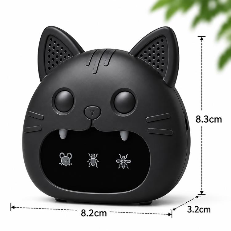 Black cat-shaped ultrasonic pest repeller with side speaker grills and paw feet, front view