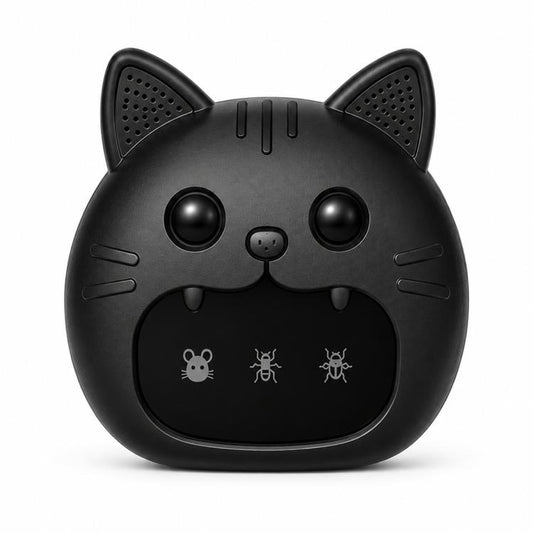 Black cat-shaped ultrasonic pest repeller with round face, side vents, and mouse/bug icons