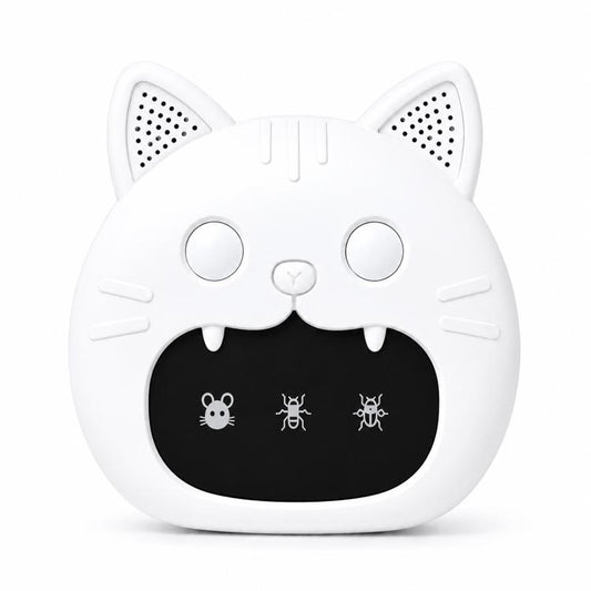 White cat-shaped ultrasonic pest repeller with side vents, round face, and mouse/bug icons