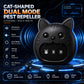 Black cat-shaped ultrasonic pest repeller with side speaker grills and glowing display panel design
