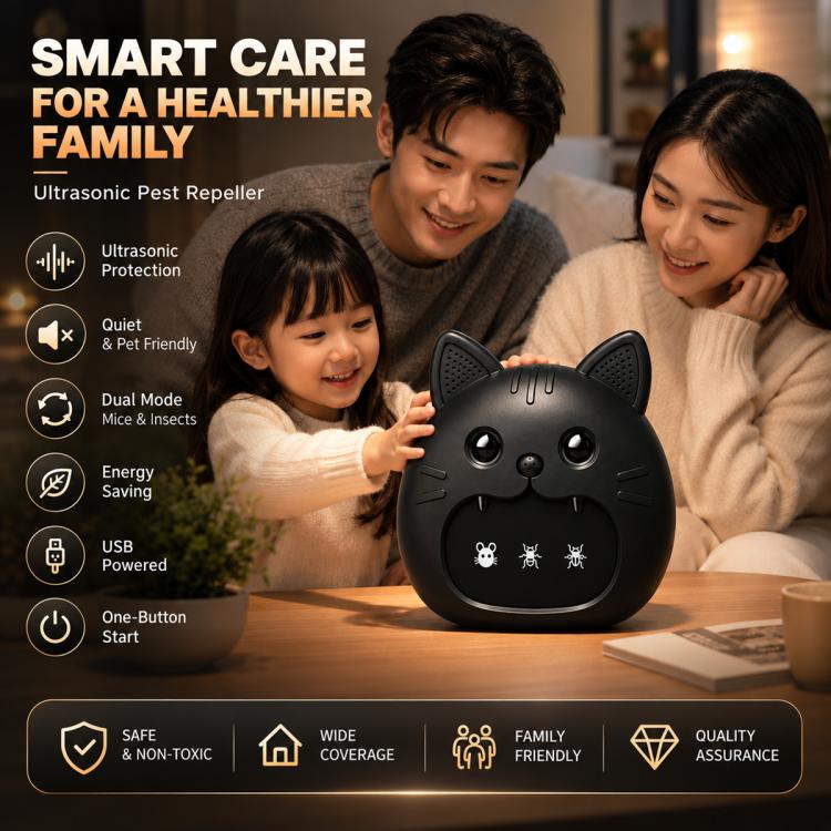 Black cat-shaped ultrasonic pest repeller on a tabletop with front face and side vent openings