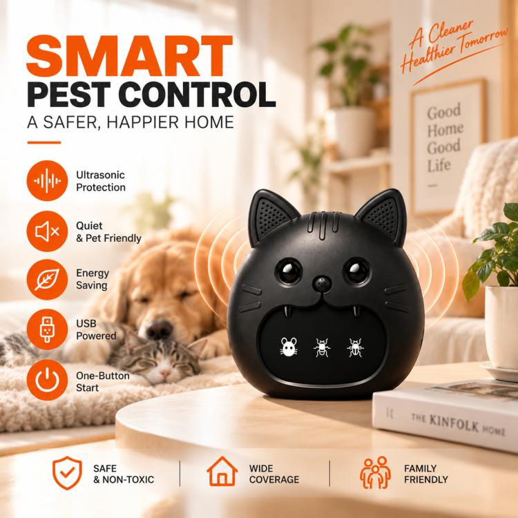 Black cat-shaped ultrasonic pest repeller near a dog bed, showing round face and side vents