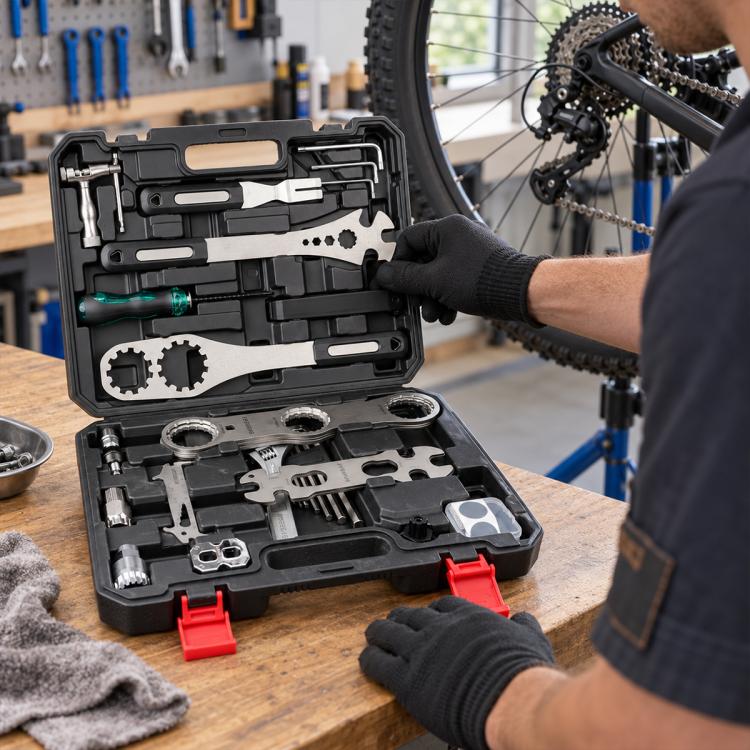 Multi-functional bicycle repair tool kit in black plastic case with metal bits