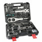 Open black bicycle tool kit case with metal wrenches, sockets, and red plastic tabs