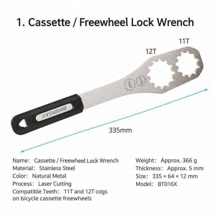 Cassette/freewheel lock wrench tool with toothed metal head and black handle