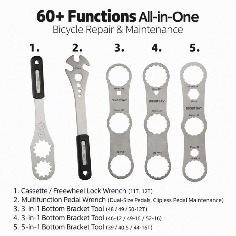 All-in-one bicycle repair multi-tool with multiple removable wrench heads