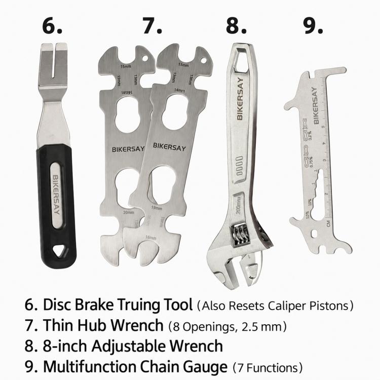 Bicycle repair tool set with disc brake truing tool and hub wrenches