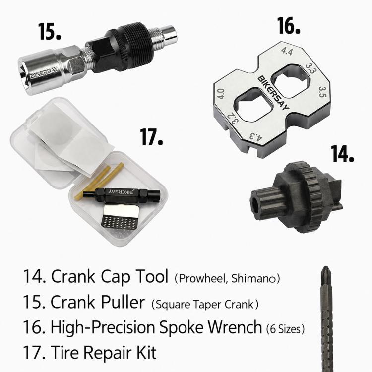 Crank and spoke repair tools with tire repair piece shown in set