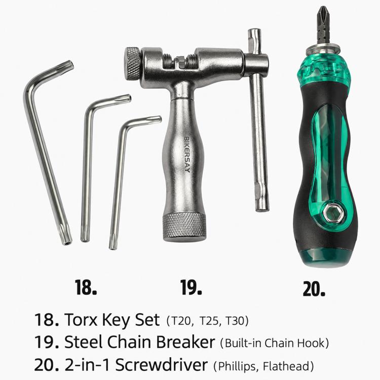 Bicycle tool set with Torx keys, chain breaker, and 2-in-1 screwdriver handles